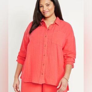 NWT Old Navy Cotton Gauze Bright Coral Button-Down Shirt XL Tall